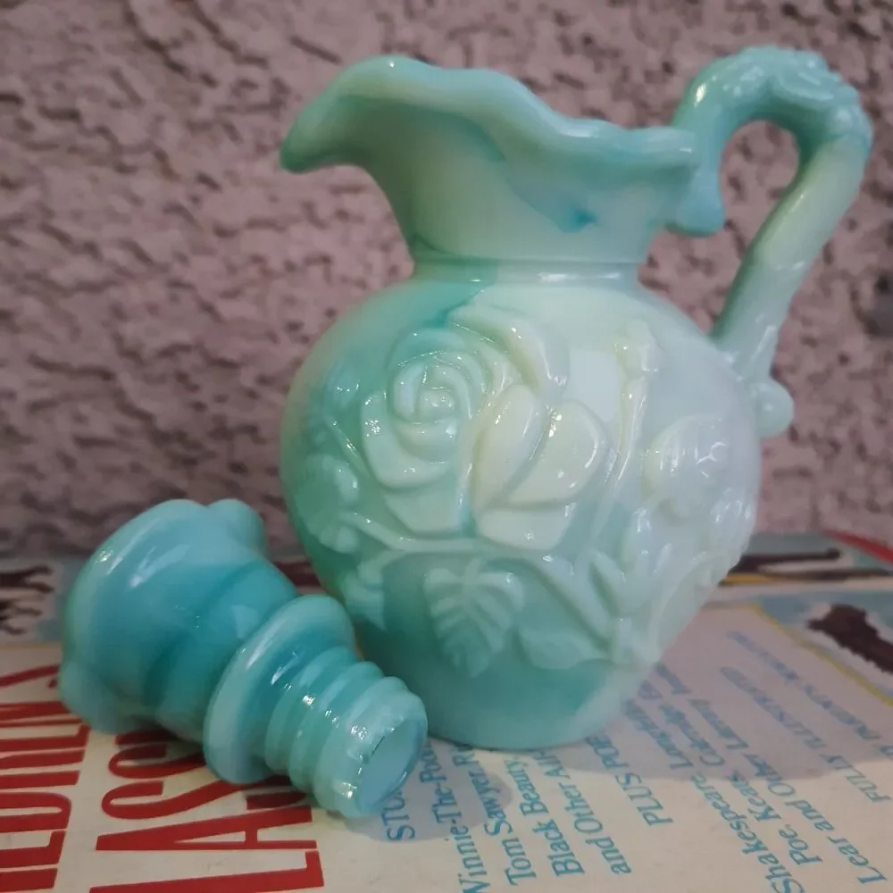 Vintage 70s Avon Skin So Soft Pitcher & Bowl Jadeite color Milk Glass 6'' Empty